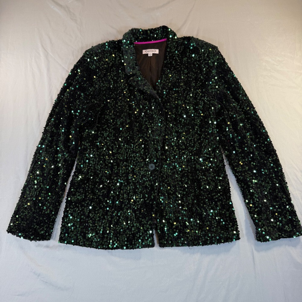 Nanette Lepore Green Sequin Blazer Velvet Evening L Holiday Glam Disco Party